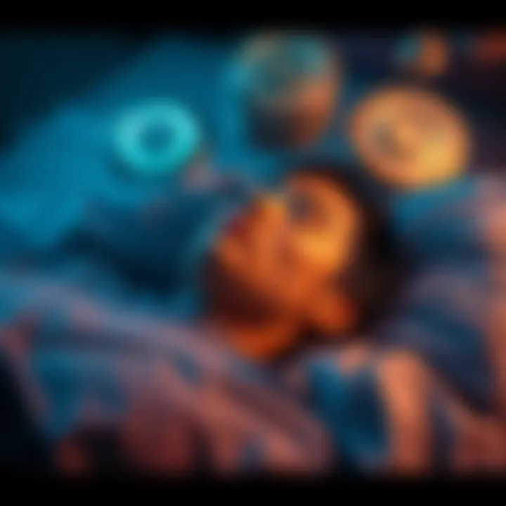 A person asleep with visual representations of pressure plates hovering above their head, showing the struggle of imagination in dreams.