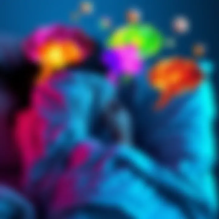 A person lying in bed with colorful thought bubbles representing different dream realities, showing transitions between them.