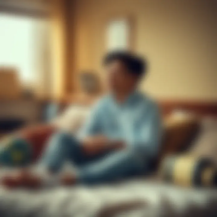 A person looking thoughtful while sitting on a bed surrounded by travel items, reflecting on their dream memory challenges after moving abroad.