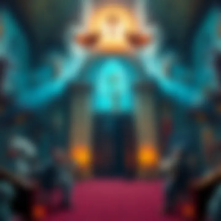 A colorful dream scene showing a childhood church filled with strange creatures and unfamiliar symbols, including a mysterious door.