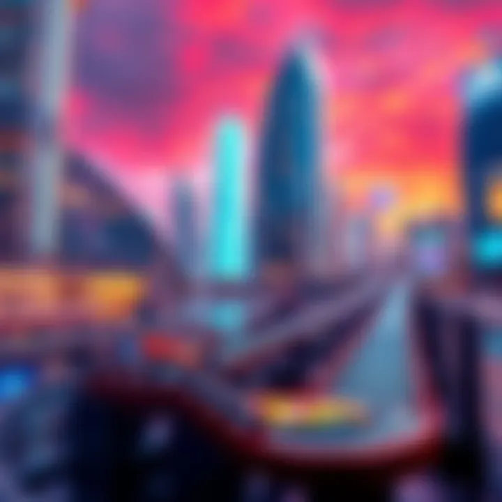 A vivid dream setting featuring a Hot Wheels track and a tall glass city with bustling activity