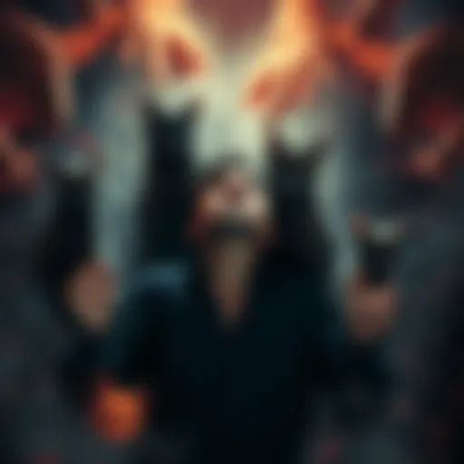 A man in a chaotic dream surrounded by five disappearing cats and dark shadowy figures representing demons.