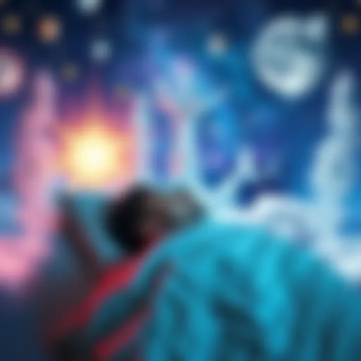 A person in a peaceful sleep surrounded by dream-like images representing alternate realities.