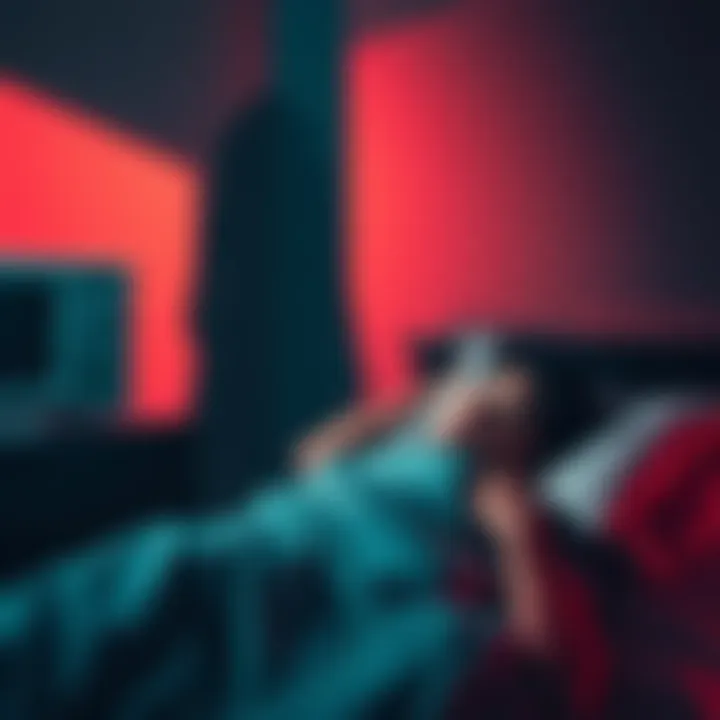 A person asleep in bed while a dark, shadowy figure looms in the corner of the room, creating an unsettling atmosphere.