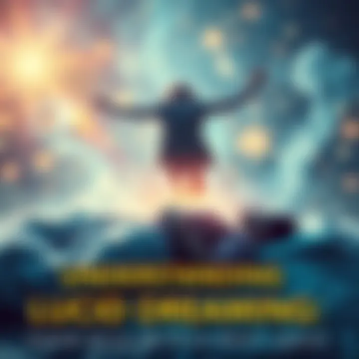 A person floating above their sleeping body in a dream, with a blurred background representing a dreamlike environment