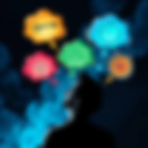 A person thinking about various symbols from dreams, surrounded by thought bubbles containing different symbols like a key, a tree, and a clock.