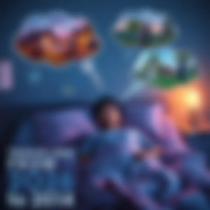 A person lying in bed with thought bubbles showing scenes from 2026 to 2014 including college life, marriage, and a family home.