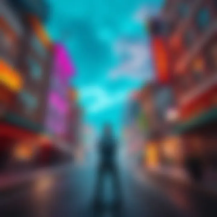 A person stands in a dream-like town, surrounded by familiar buildings but looking uneasy as if they don't belong. The setting is colorful yet slightly distorted, conveying a sense of discomfort.