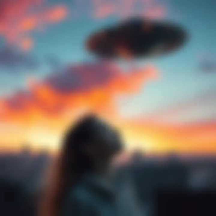 A person dreaming while a UFO is seen in the sky above them.