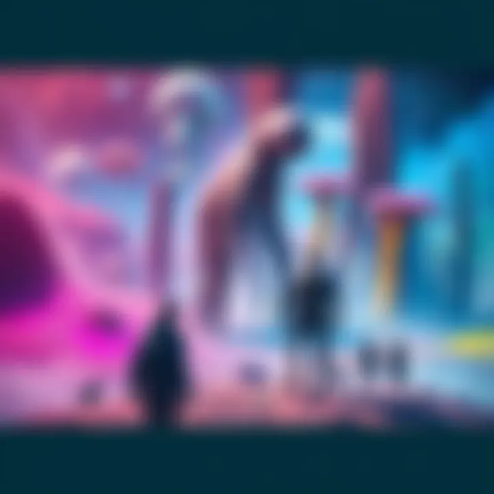 A surreal scene showing giant figures walking through a colorful dream world, surrounded by strange landscapes and vivid colors.