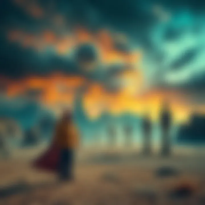A scene depicting a person and Walter White in a dream with floating pylons and unusual mountains in a strange environment