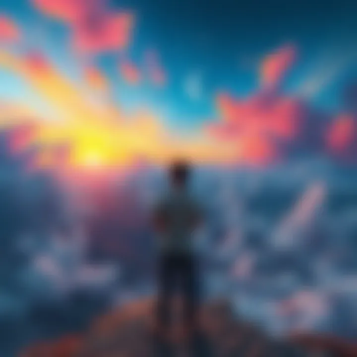 A person standing at the edge of a vibrant dream world, looking towards fantastical landscapes and colorful skies that represent different experiences of dreaming and shifting.