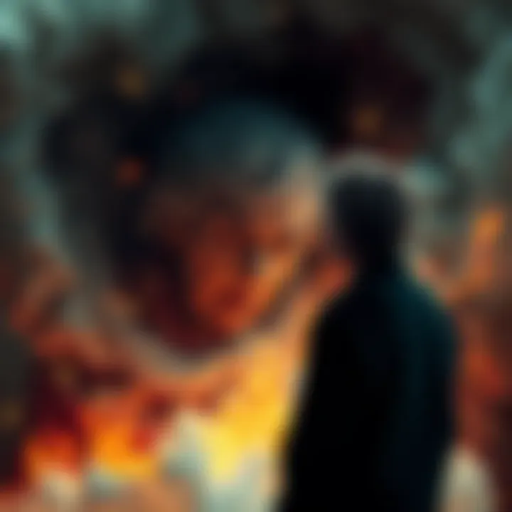 A person stands in a dreamlike scene, facing an angry elderly woman with a stern expression, as chaos begins to unfold around them.