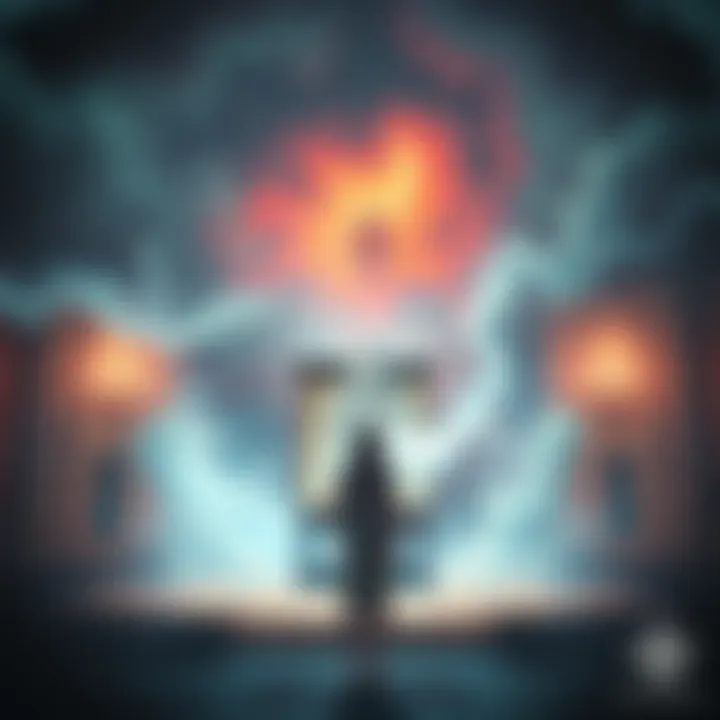 A person at an altar with a figure in a dream A dreamer stands at a small altar with a ghostly figure resembling their ex-boyfriend, surrounded by a serene atmosphere.