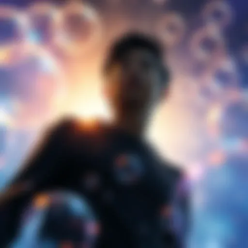 A person surrounded by bubble-like shapes representing different realities, illustrating focused attention and shifting consciousness, with a soft glow highlighting their presence.