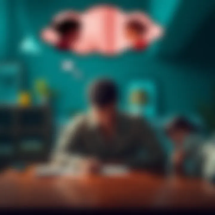 A person sits at a table looking troubled, with a thought bubble showing a past relationship and a daughter nearby, representing emotional turmoil and reflection.
