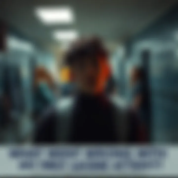 Dreamer in a high school setting A dreamer experiences a moment of uncertainty in a high school dream, surrounded by lockers and classmates, depicting the struggle of achieving lucidity.