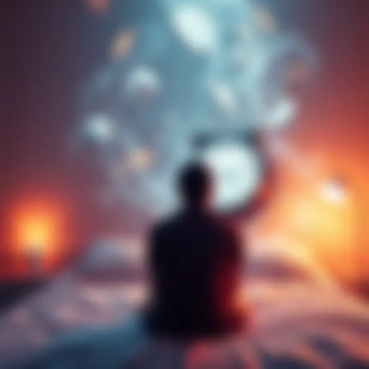 A person sitting on a bed, looking contemplatively at a clock, with dream-like elements swirling around them.