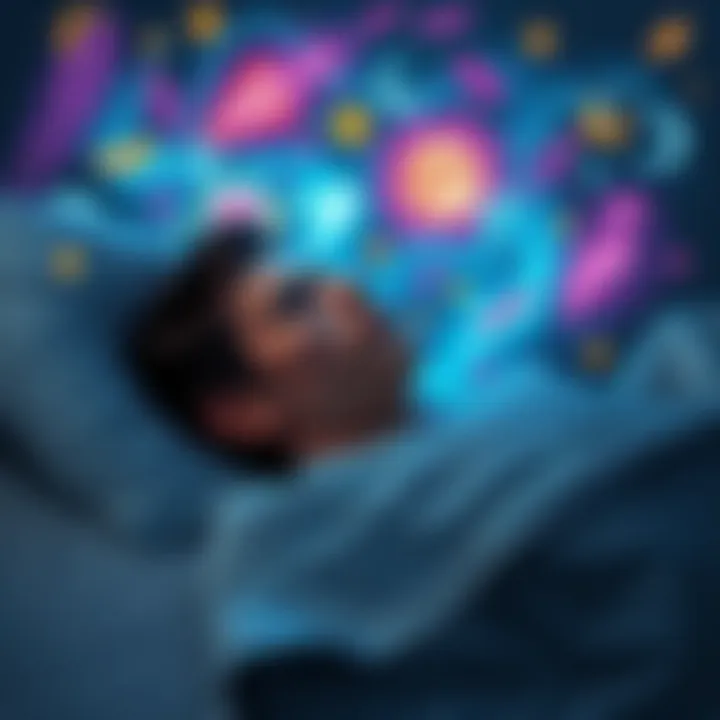 Person lying in bed with closed eyes, surrounded by colorful dream imagery and symbols representing fears and creativity.