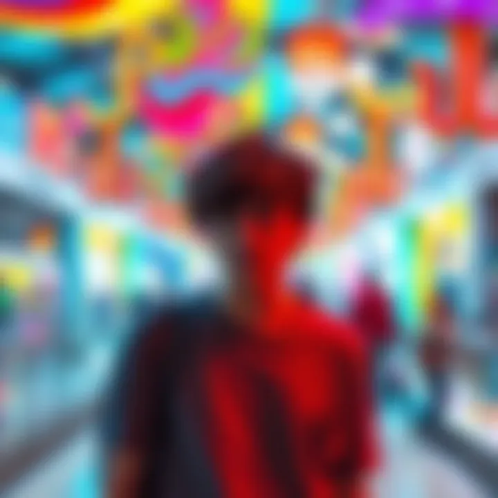 A person looking sad in a vibrant, fantasy mall filled with colorful shops and bright lights, reflecting on the loss of their dream space.