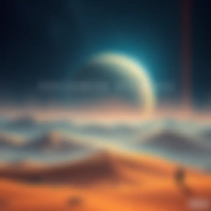 A captivating depiction of a desert planet with swirling sands and a lone figure holding a book against a starry sky