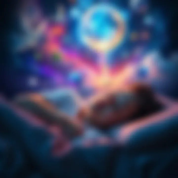 A person sleeping soundly with colorful dream imagery floating above their head, showing vivid scenes of nature and fantasy.
