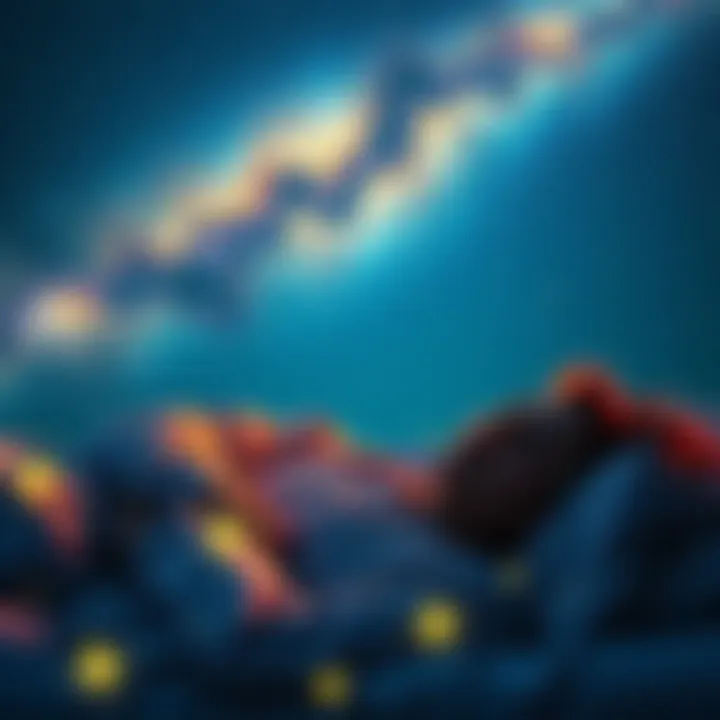 Dreamer in a Starry Night A person sleeping peacefully with bright stars and a dreamlike landscape surrounding them, symbolizing lucid dreaming.