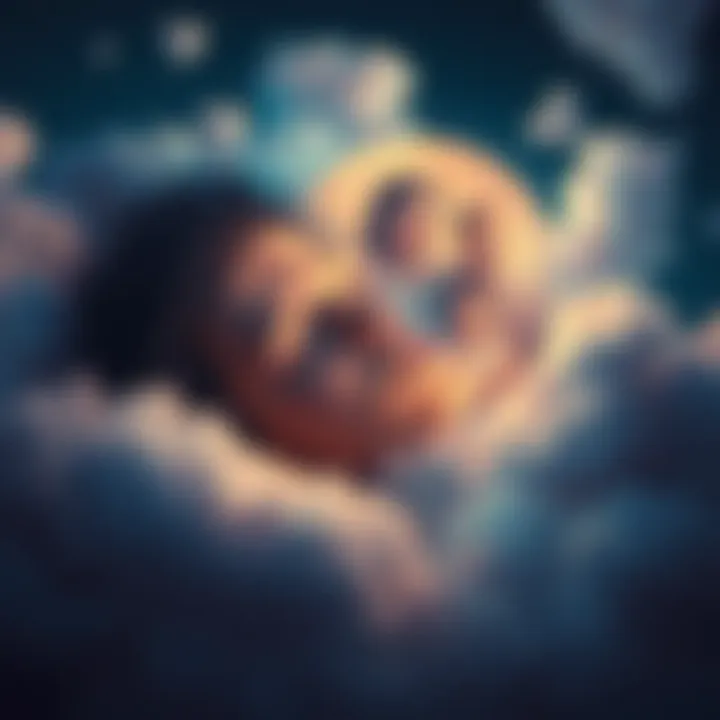 Dreamer with Memories A person sleeping peacefully, surrounded by soft clouds and faint images of family members, representing dreams of deceased loved ones.