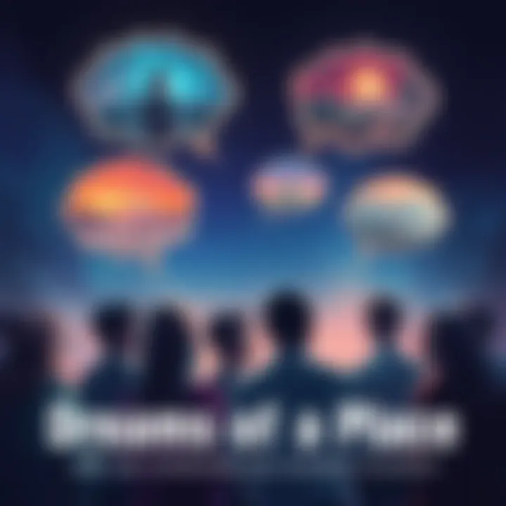 A group of people discussing their similar dreams about a specific place, with thought bubbles illustrating dream scenes above their heads.