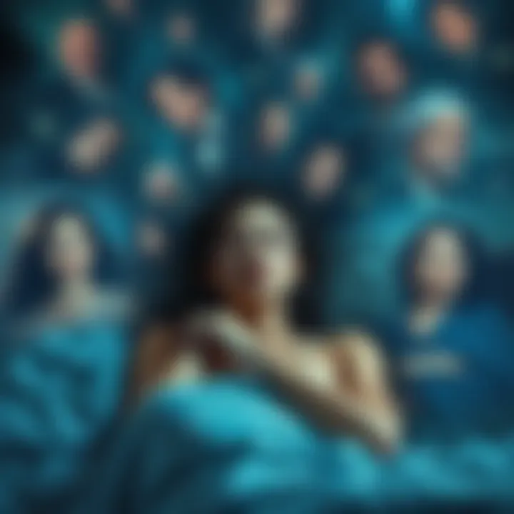 A person lying in bed with a thoughtful expression, surrounded by dreamlike images of famous deceased celebrities, displaying emotions of longing and nostalgia.