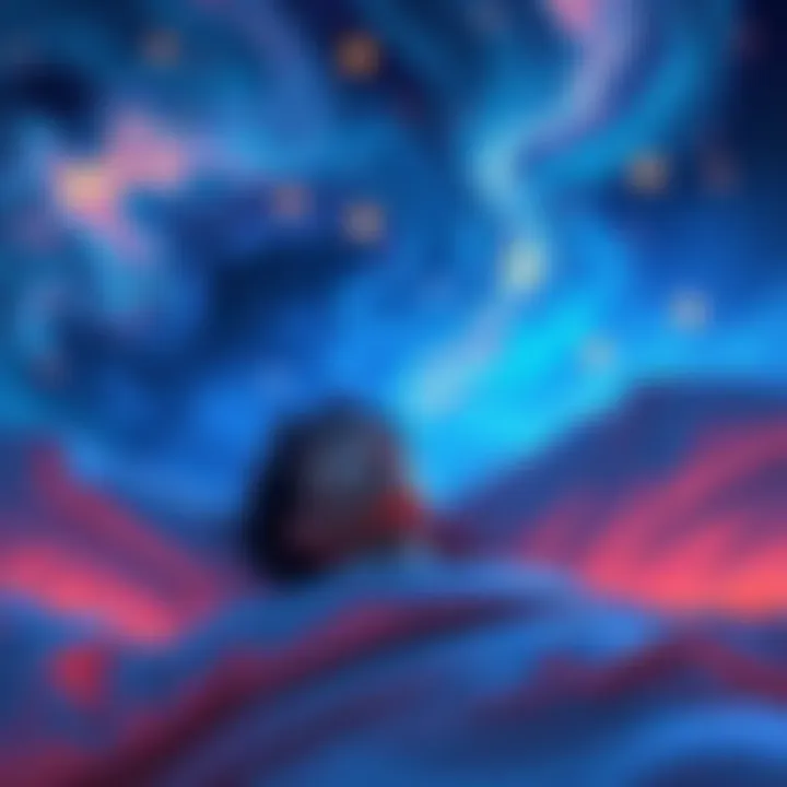 A person lying in bed with a dreamy expression, surrounded by swirling clouds and stars, representing a blend of dreams and reality.