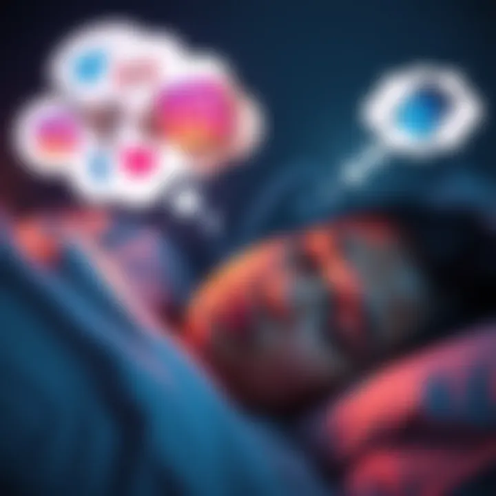 A person sleeping with thought bubbles showing social media icons but no smartphones
