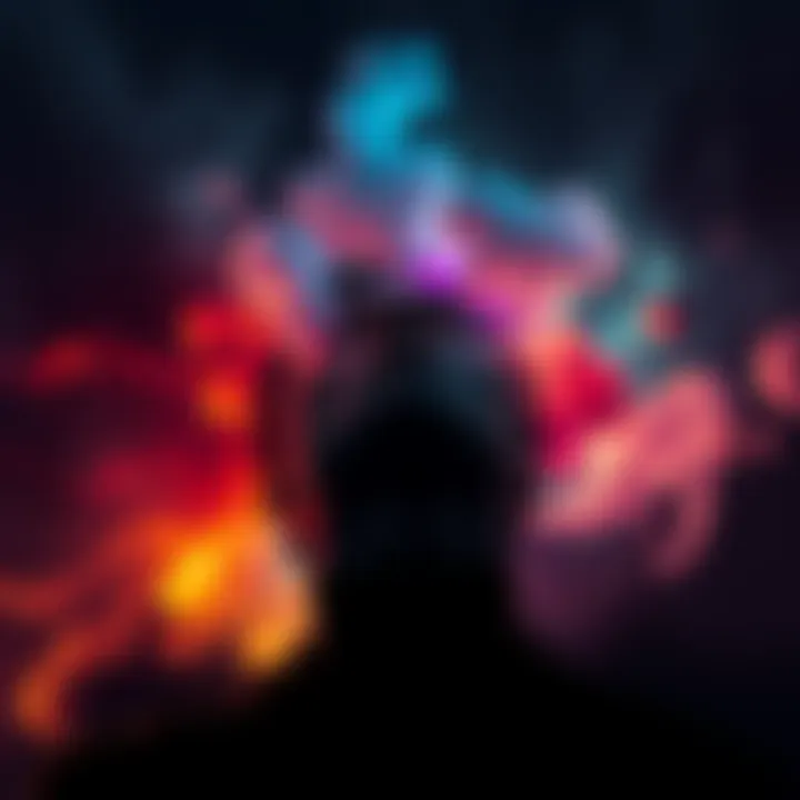 A person experiencing a surreal dream with dark shadows and vibrant colors symbolizing confusion and identity search after death.