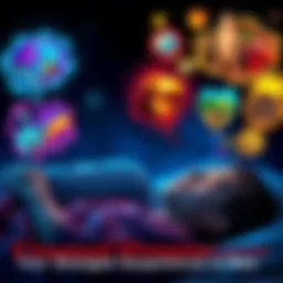 A person sleeping with vivid, colorful thought bubbles above their head, depicting various strange dream scenes