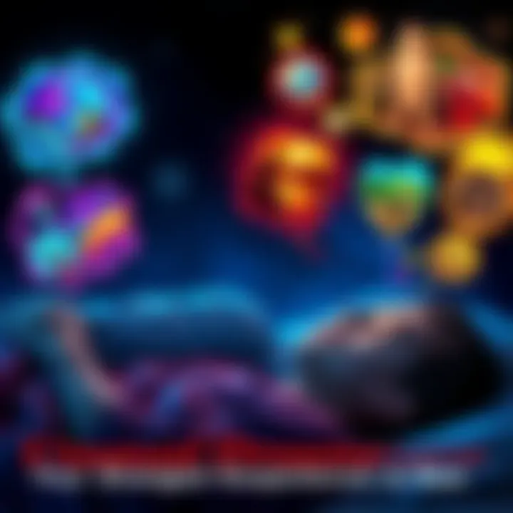 A person sleeping with vivid, colorful thought bubbles above their head, depicting various strange dream scenes