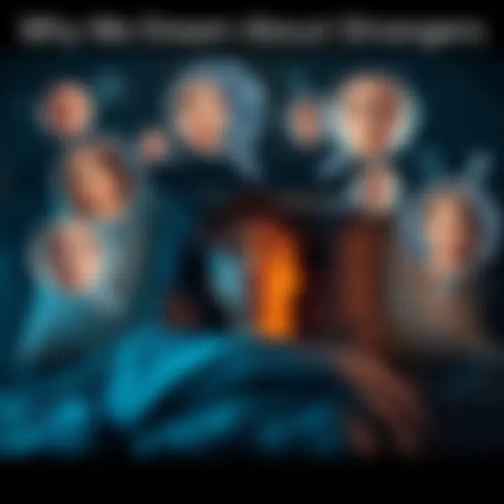 A person lying in bed with thought bubbles showing various unfamiliar faces, representing dreams about strangers