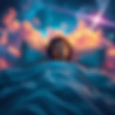 A person lying in bed with a calm expression, surrounded by colorful dream-like images of clouds and stars, symbolizing lucid dreaming.