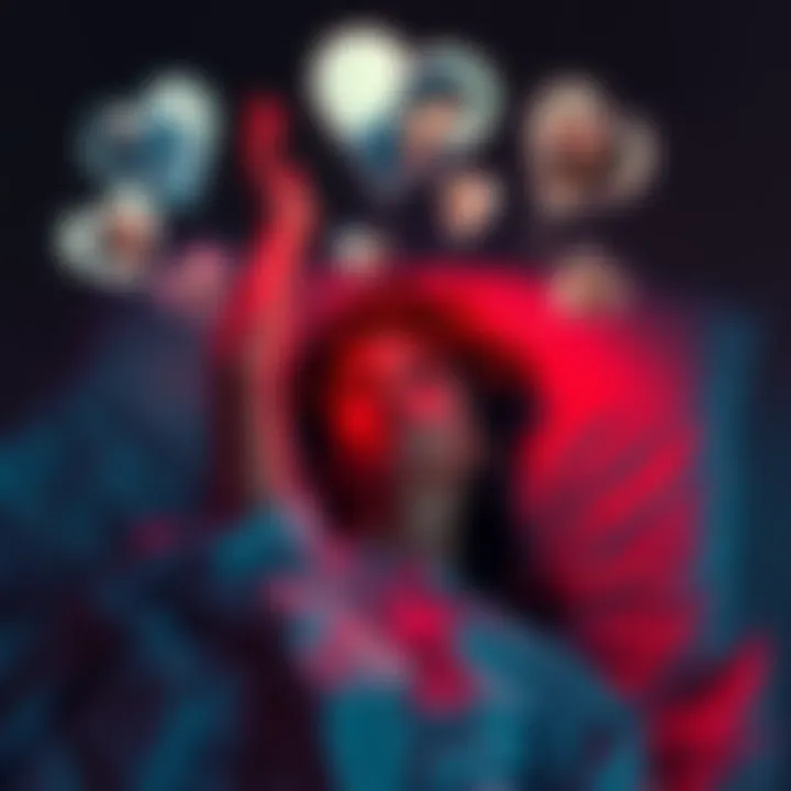 A person lying in bed looking thoughtful, with images of a past love hovering above them.