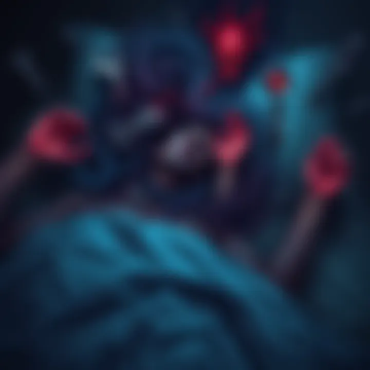A person asleep in bed with a troubled expression, surrounded by dark, swirling images of dismemberment and harm, symbolizing nightmares.