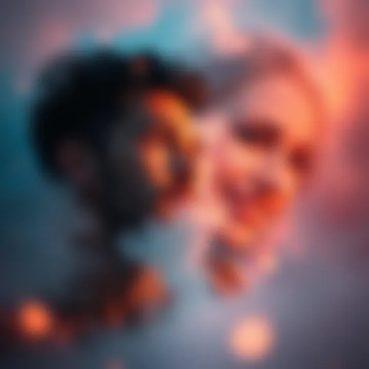 A man gazes thoughtfully at a glowing dreamlike scene of a beautiful girl with a soft smile, her face partially visible in mist, reflecting his feelings of longing and sadness.