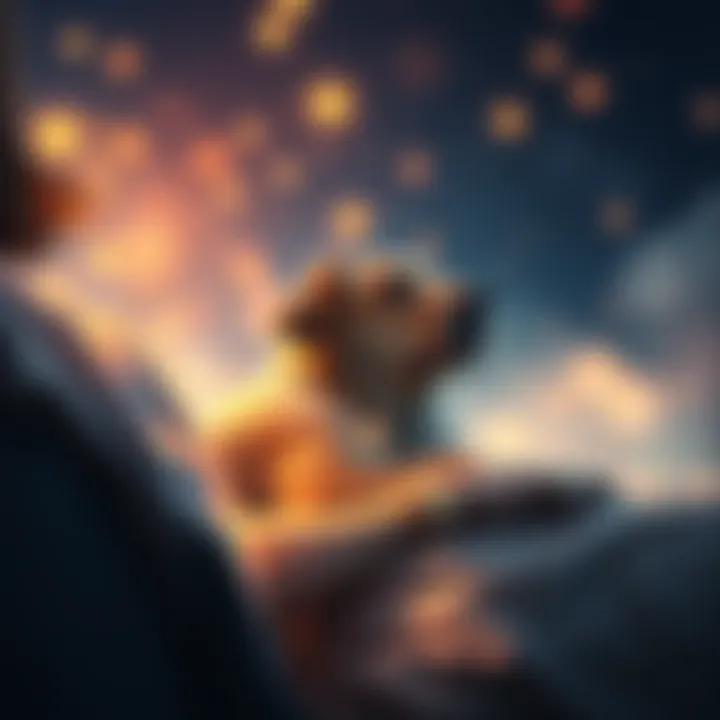Dreaming of a Beloved Dog A person dreaming of their departed dog, showing a heartwarming scene of their bond, surrounded by soft lights and gentle colors.