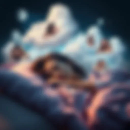 A person sleeping peacefully with dream clouds showing various attractive figures around them.