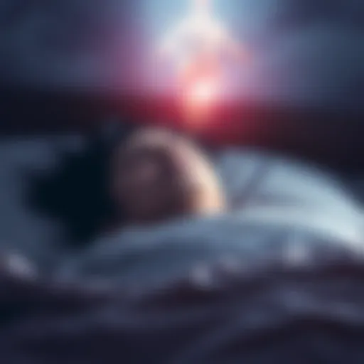 A person lying in bed, eyes closed, with a faint, dream-like image of a shadowy figure or light above them, representing the concept of dreams about death.
