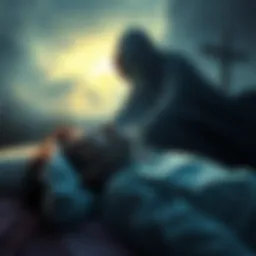 A person dreaming with a shadowy figure representing death looming over them, emphasizing fear and uncertainty.