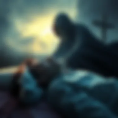 Dreaming of Death A person dreaming with a shadowy figure representing death looming over them, emphasizing fear and uncertainty.