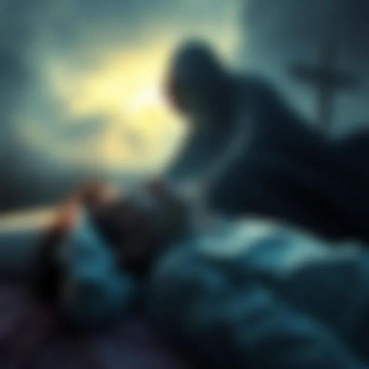 Dreaming of Death A person dreaming with a shadowy figure representing death looming over them, emphasizing fear and uncertainty.