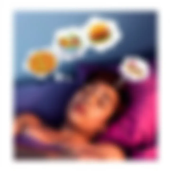 Person dreaming of food A person sleeping peacefully with thought bubbles showing various food items like pizza, burgers, and desserts.