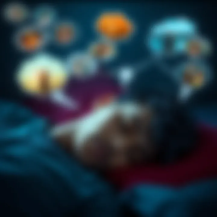 A person sleeping with thought bubbles showing images of a complicated relationship, symbolizing dreams and emotions.