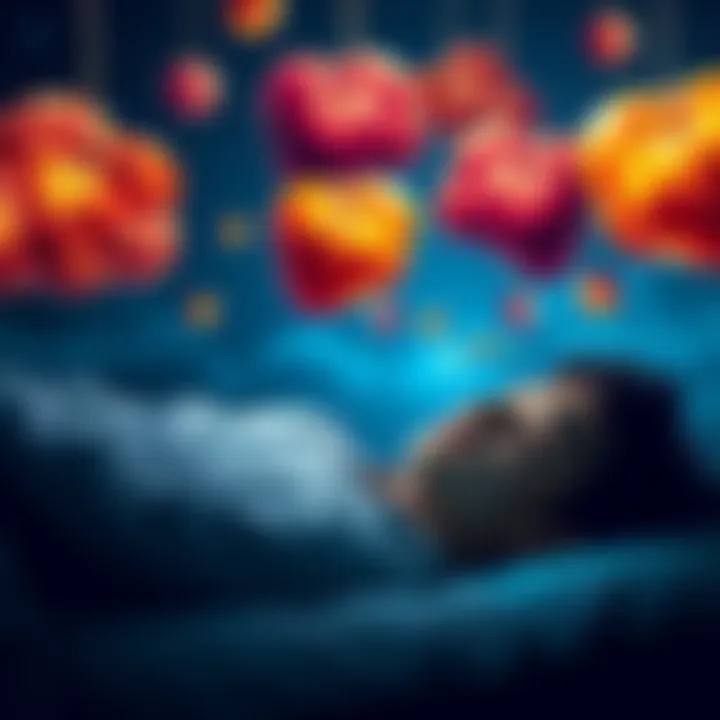A person sleeping peacefully with colorful thought bubbles representing dreams above their head.