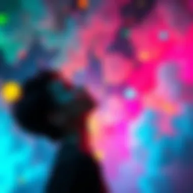 A person floating in a dreamlike state surrounded by vibrant colors and abstract shapes, contemplating lucid dreaming.